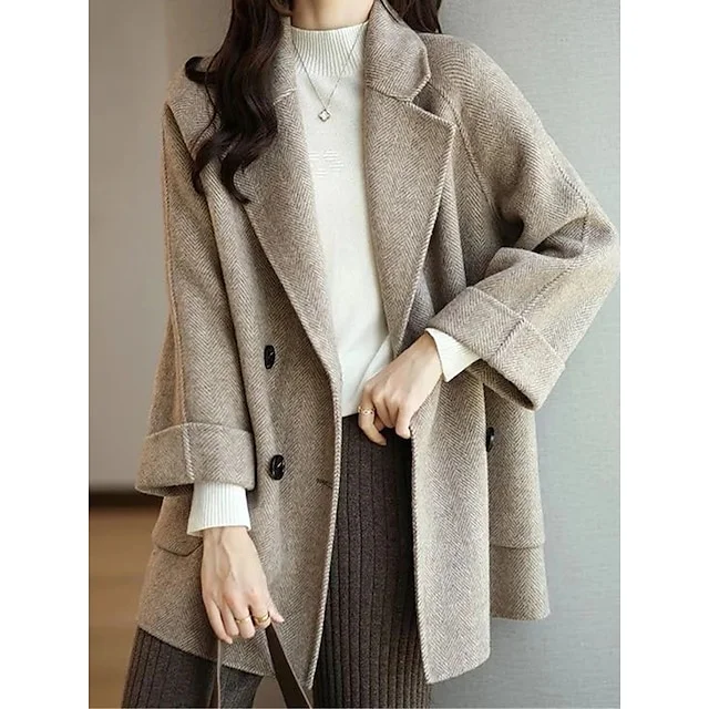 Women's Coat Office Street Daily Wear Fall Winter Regular Coat Regular Fit Warm Breathable Stylish Casual Street Style Jacket Long Sleeve Plain with Pockets Pink Blue Brown