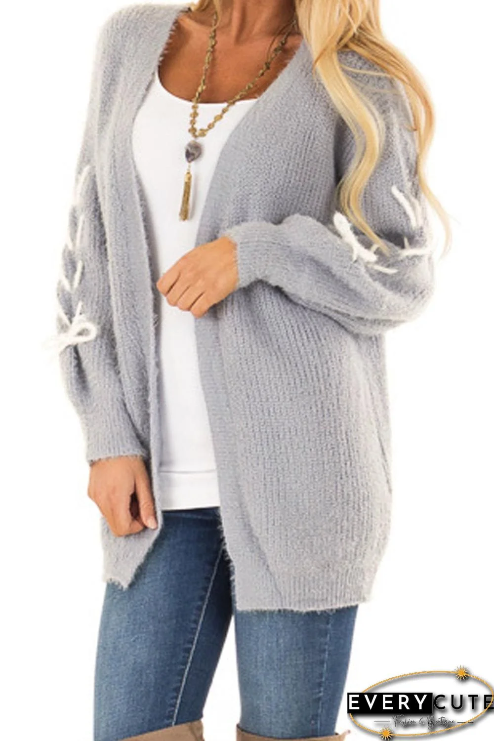 Gray Soft Long Sleeve Cardigan with Stitch Detail