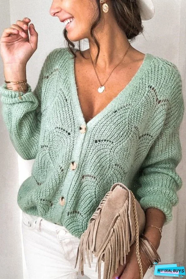 Fashionable V-neck Long-sleeved Knitted Sweater Cardigan