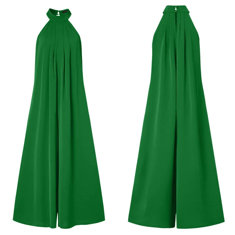 Brownm Oversized ZANZEA Fashion Women Jumpsuits 2022 Summer Pleated Wide Leg Overalls Casual Solid Sleeveless Loose Button Up Rompers