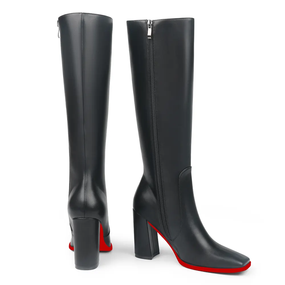 95mm/3.74 Women's Knee High Red Bottom Boots Chunky Heels Square Toe Boots Go Go Boots with Side Zipper-vocosishoes