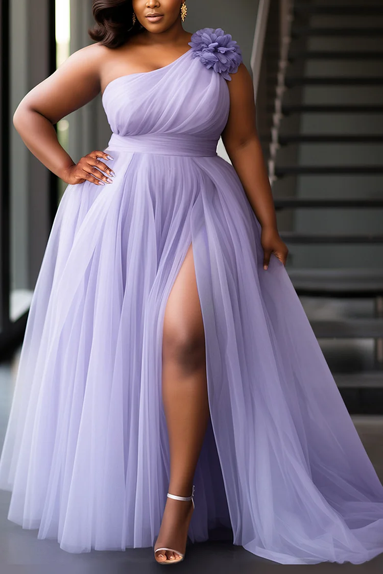 Xpluswear Design Plus Size Prom Purple Elegant Oblique Collar 3D Split Tulle Maxi Dresses [Pre-Order]