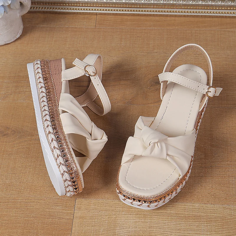 Yyvonne Summer New Loose Cake Heel Sandals Women's Bow Bow Rope Soles Of The Leisure Women's Sandals