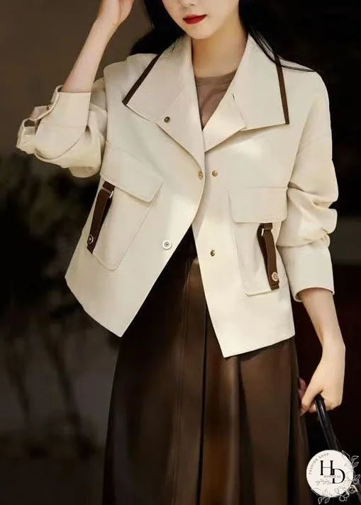 Stylish Beige Peter Pan Collar Pockets Patchwork Cotton Coats Fall