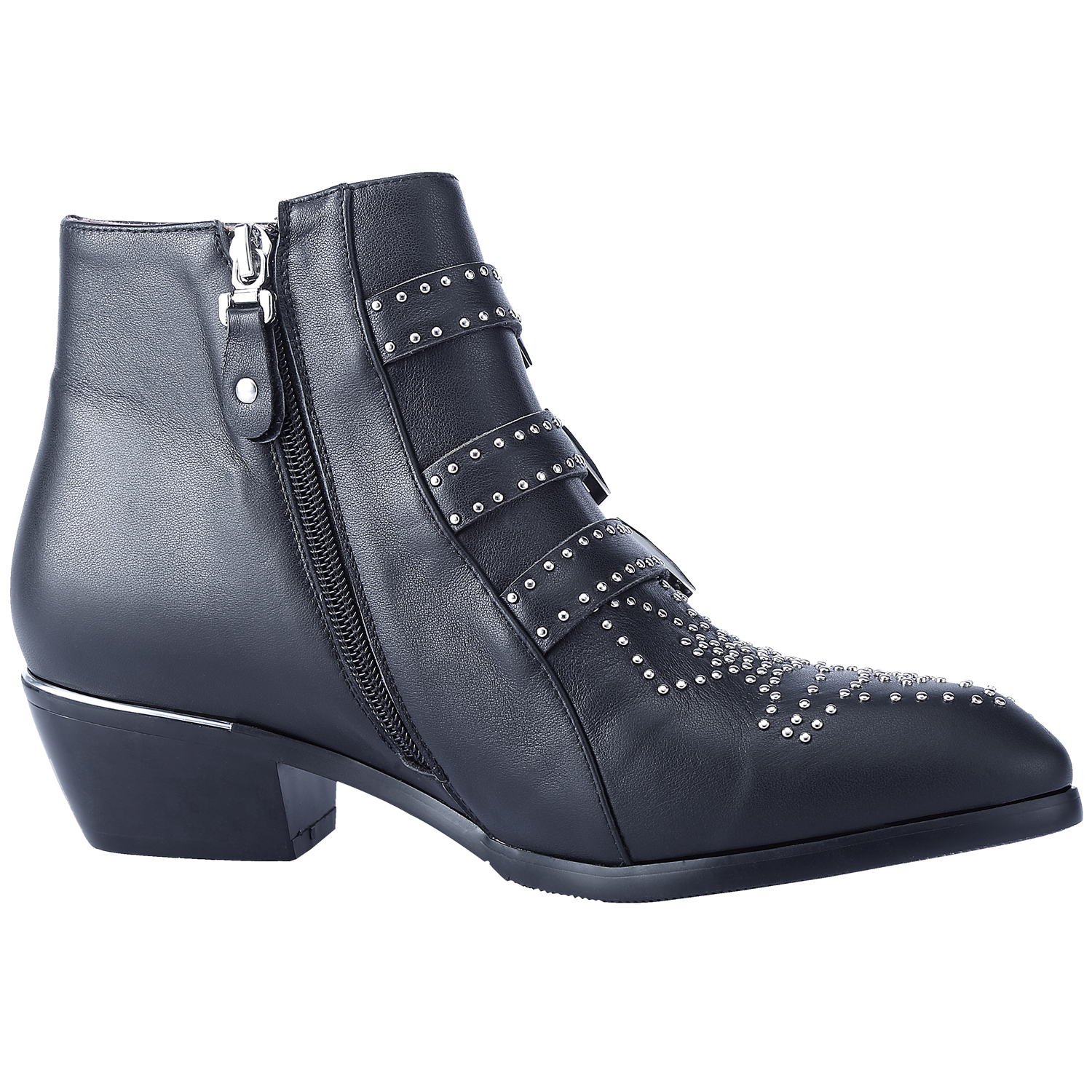 Women's Rivets Metal Buckle Low Heels Ankle Boots Black Silver-vocosishoes
