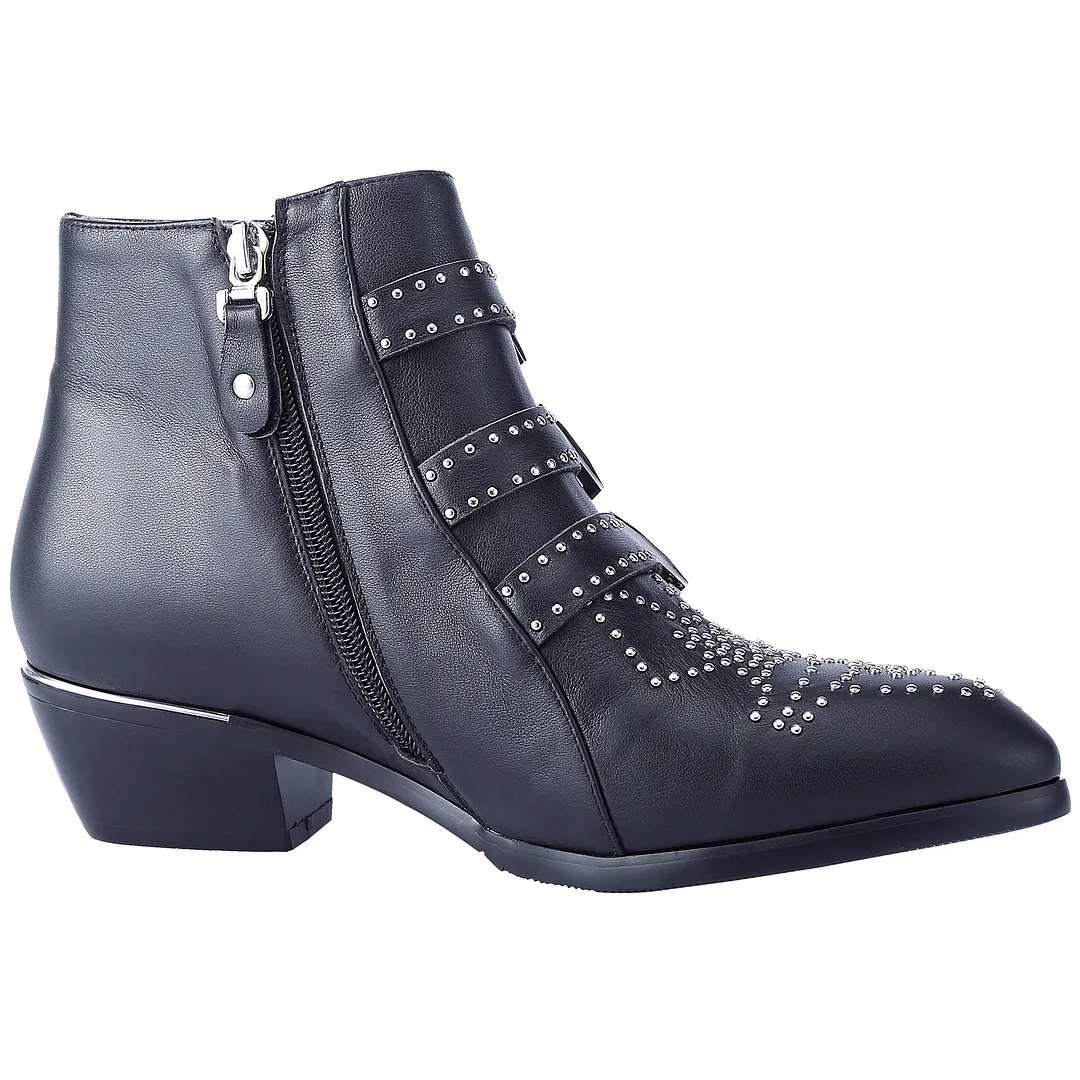 Women's Rivets Metal Buckle Low Heels Ankle Boots Black Silver-vocosishoes