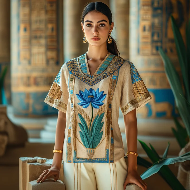 Vintage Egyptian Lotus Embroidery Three-quarter Sleeves T-shirt