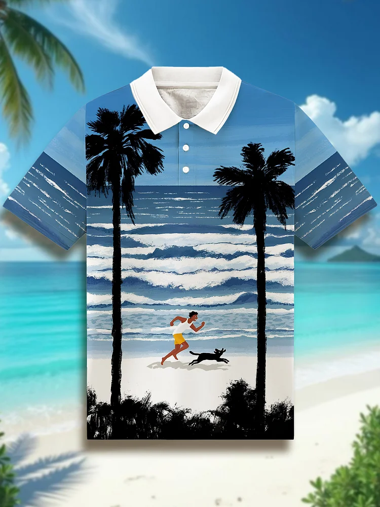 Men's Man And Dog Running By The Sea Coconut Trees Vacation Art Print Short Sleeve Shirt