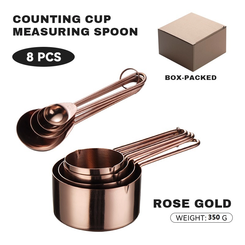 430 Stainless Steel Measuring Cup Measuring Spoon Suit 8-piece Rose Gold Wire Handle Measuring Spoon Measuring Cup 4-piece Set With Scale Gold