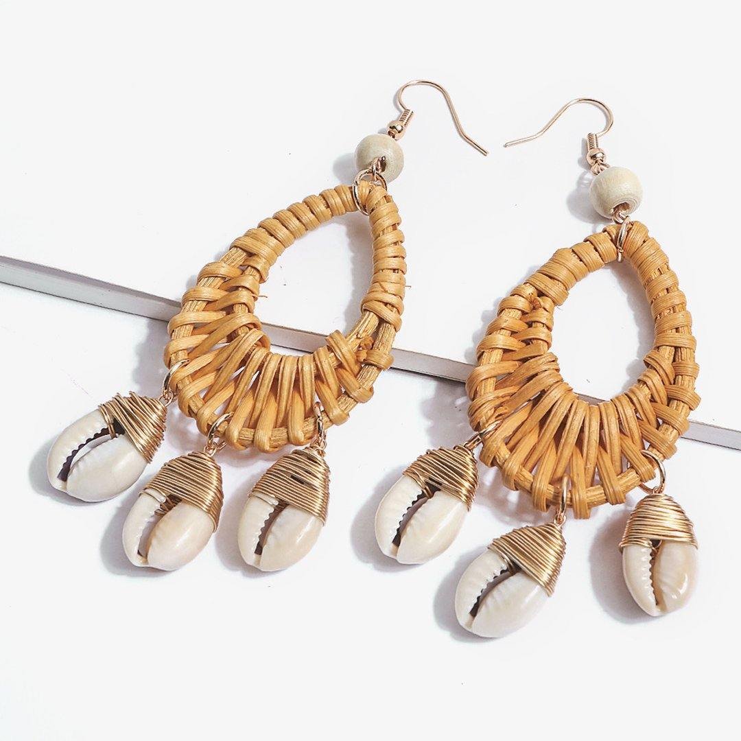 Natural Rattan Handmade Woven Shell Earrings Jewelry- Fabulory