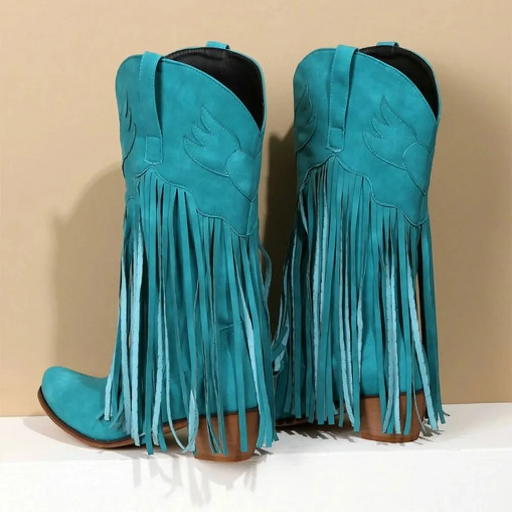 Turquoise Snip Toe Block Heel Embroidered Mid Calf Fringe Cowgirl Boots