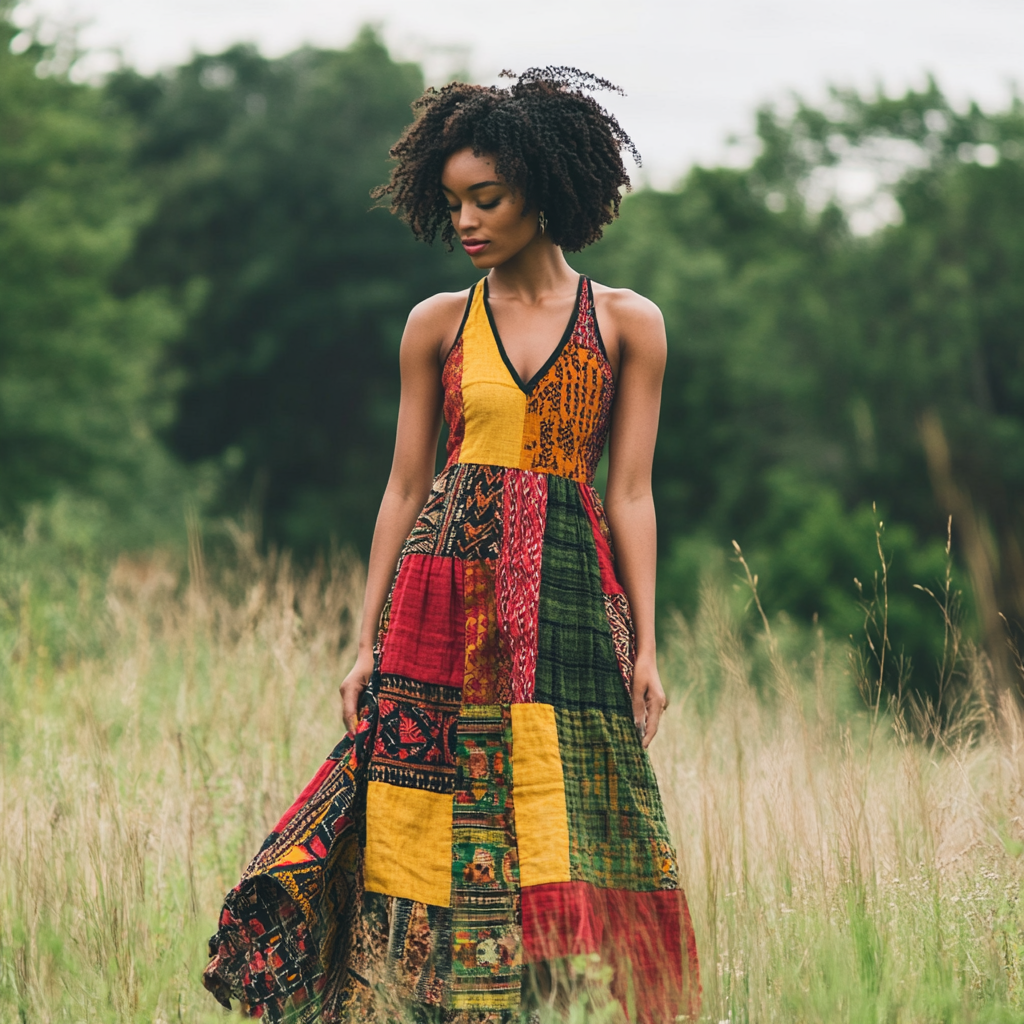 Women's African Colorful Patchwork Art Linen Tank Dress