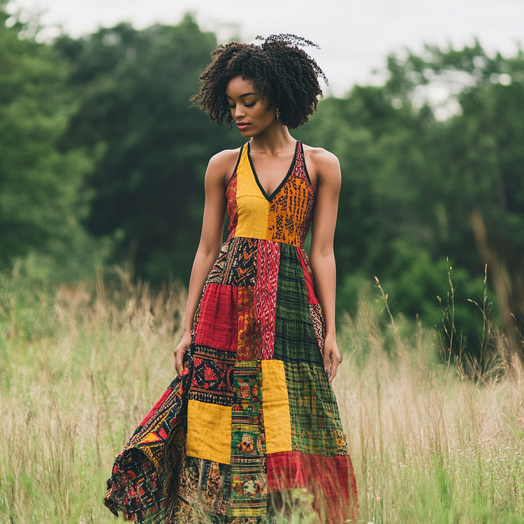 Utbros Women's African Colorful Patchwork Art Linen Tank Dress