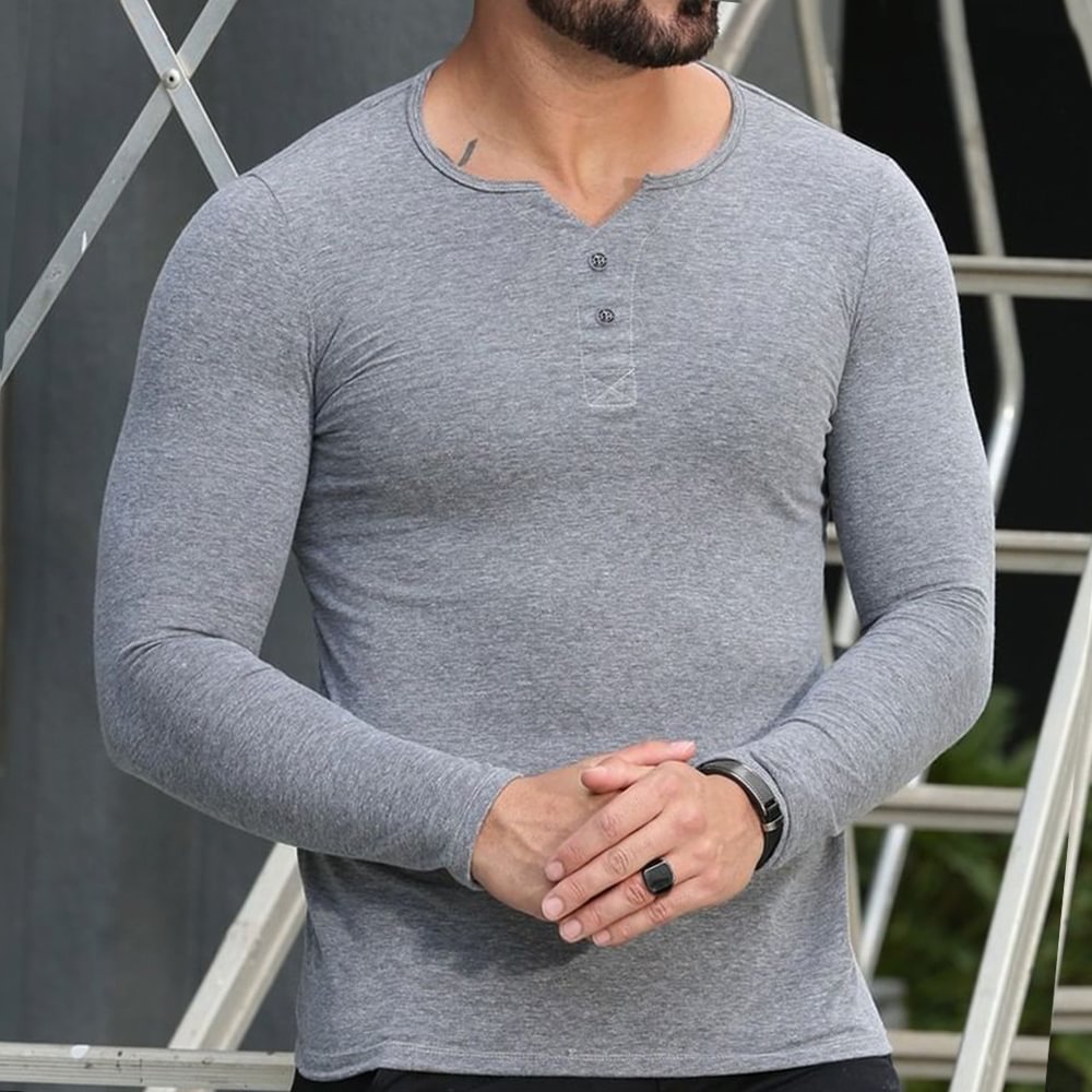Men's Solid Color V-Neck Casual Slim Fit Long Sleeve T-shrit Top