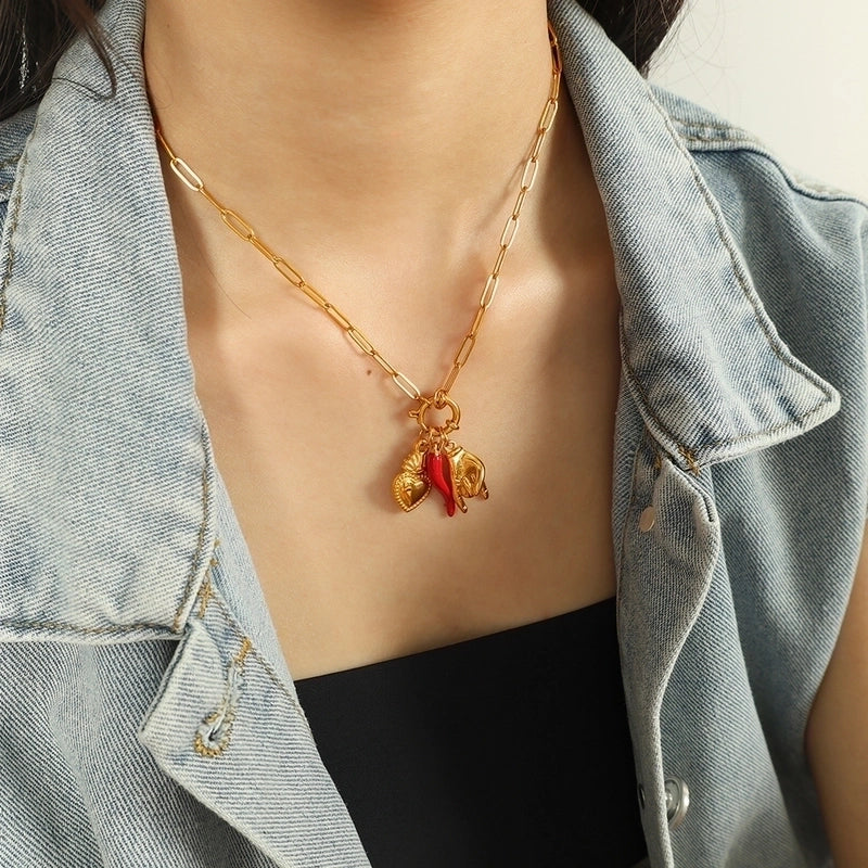 Elegant Retro Luxurious Palm Heart Shape Chili 304 Stainless Steel 18K Gold Plated Epoxy Pendant Necklace