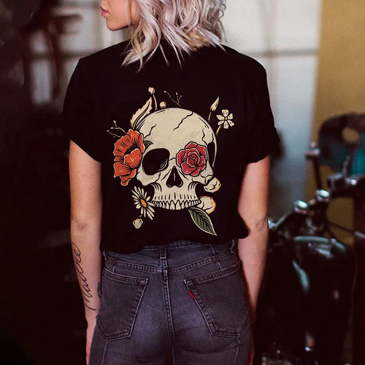 Floral Skull Printed Casual T-shirt