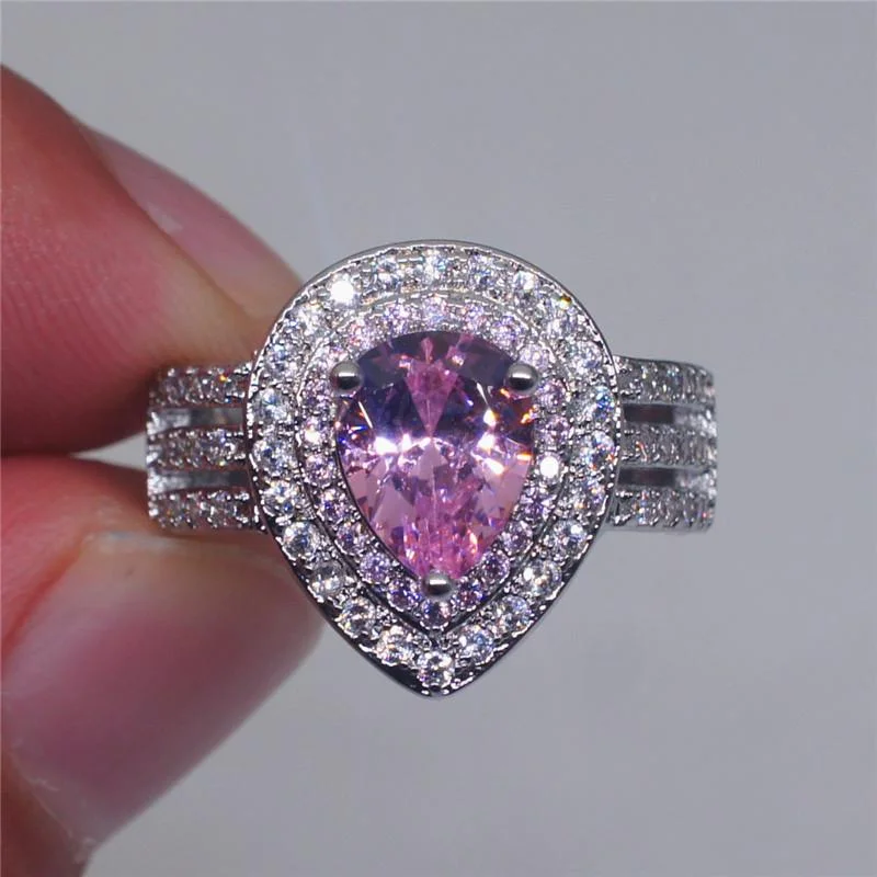 Pink Water Drop Cubic Zirconia 3 Layers Ring-VESSFUL