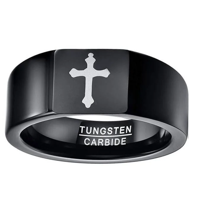6MM 8MM 10MM Men Women Vintage Black Tungsten Carbide Couple Jesus Celtic Cross Wedding Bands Flat Top Comfort Fit