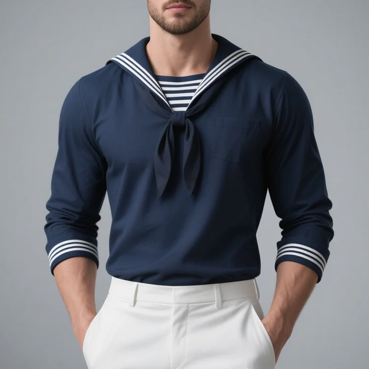 Okaywear Sailor Collar Striped Chest Pocket Long Sleeve Shirt 
