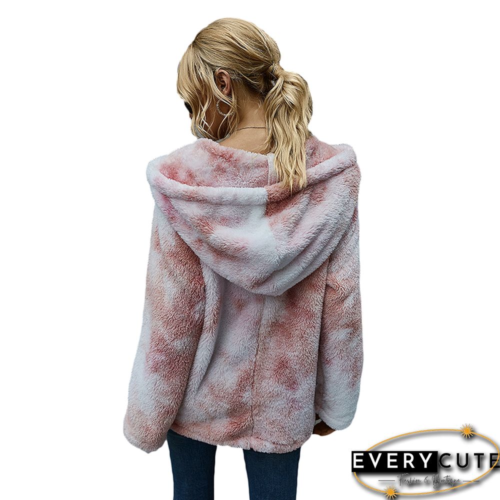Light Pink Tie Dye Fuzzy Drawstring Hoodie