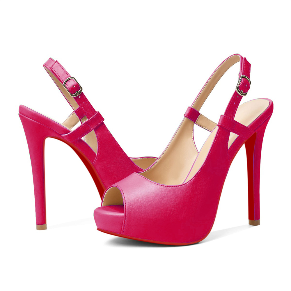 120mm Red Bottom Slingback Sandals Peep Toe Platform Stilettos Black Patent Heels-MERUMOTE