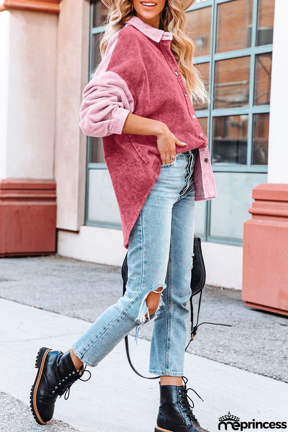 Drop Shoulder Colorblock Corduroy Shacket