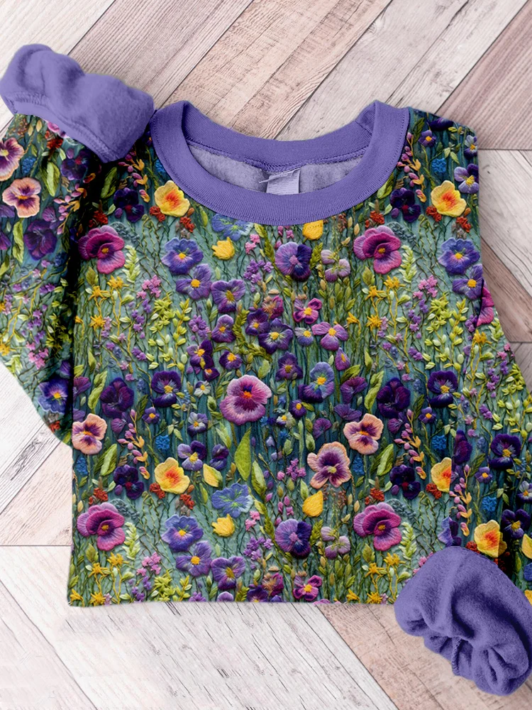 Comstylish Violet Wildflower Embroidery Art Comfy Sweatshirt