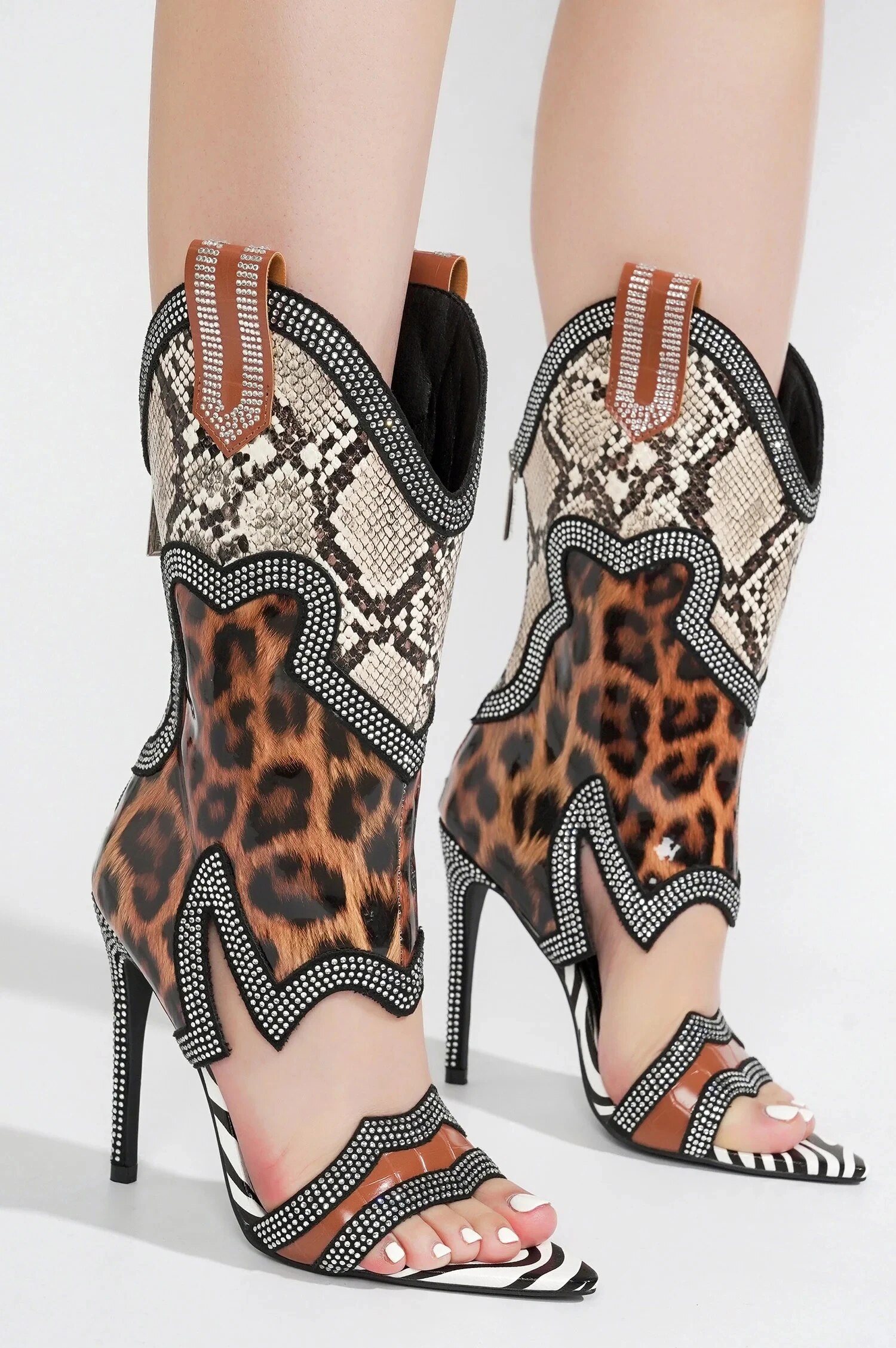 VCSHOES Mid Calf Cowboy Boots For Women Retro Thin Heels Western Boots Woman Zipper Peep Toe Cowgirl Shoes 44