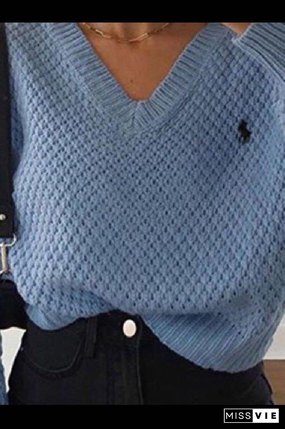 Chunky V Neck Waffle Knit Jumper Sweater For Ladies