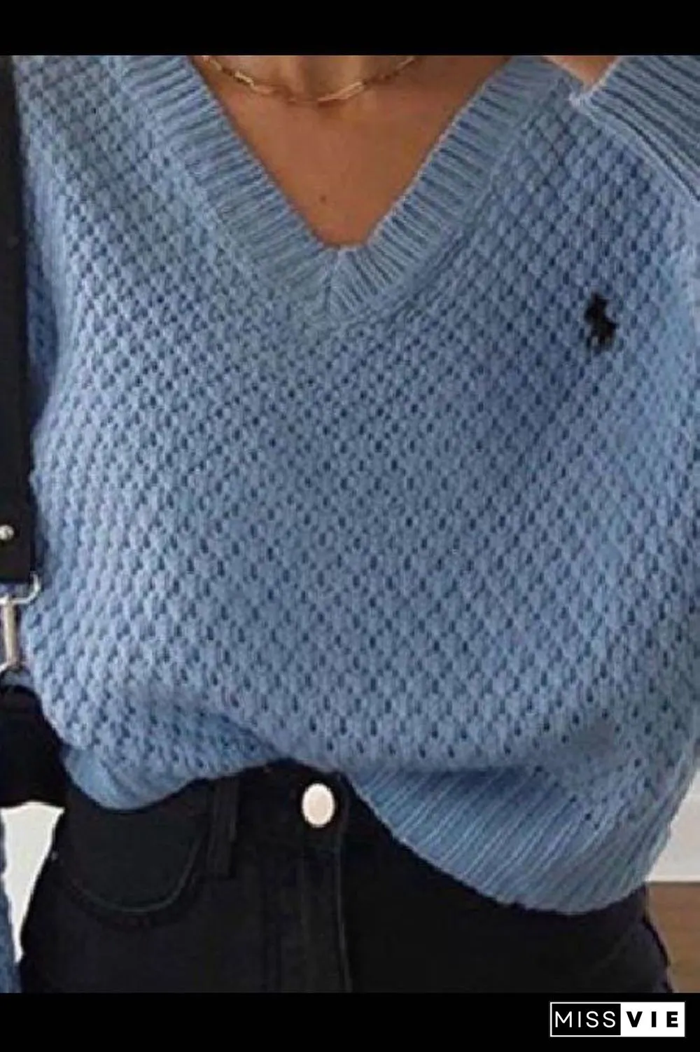 Chunky V Neck Waffle Knit Jumper Sweater For Ladies