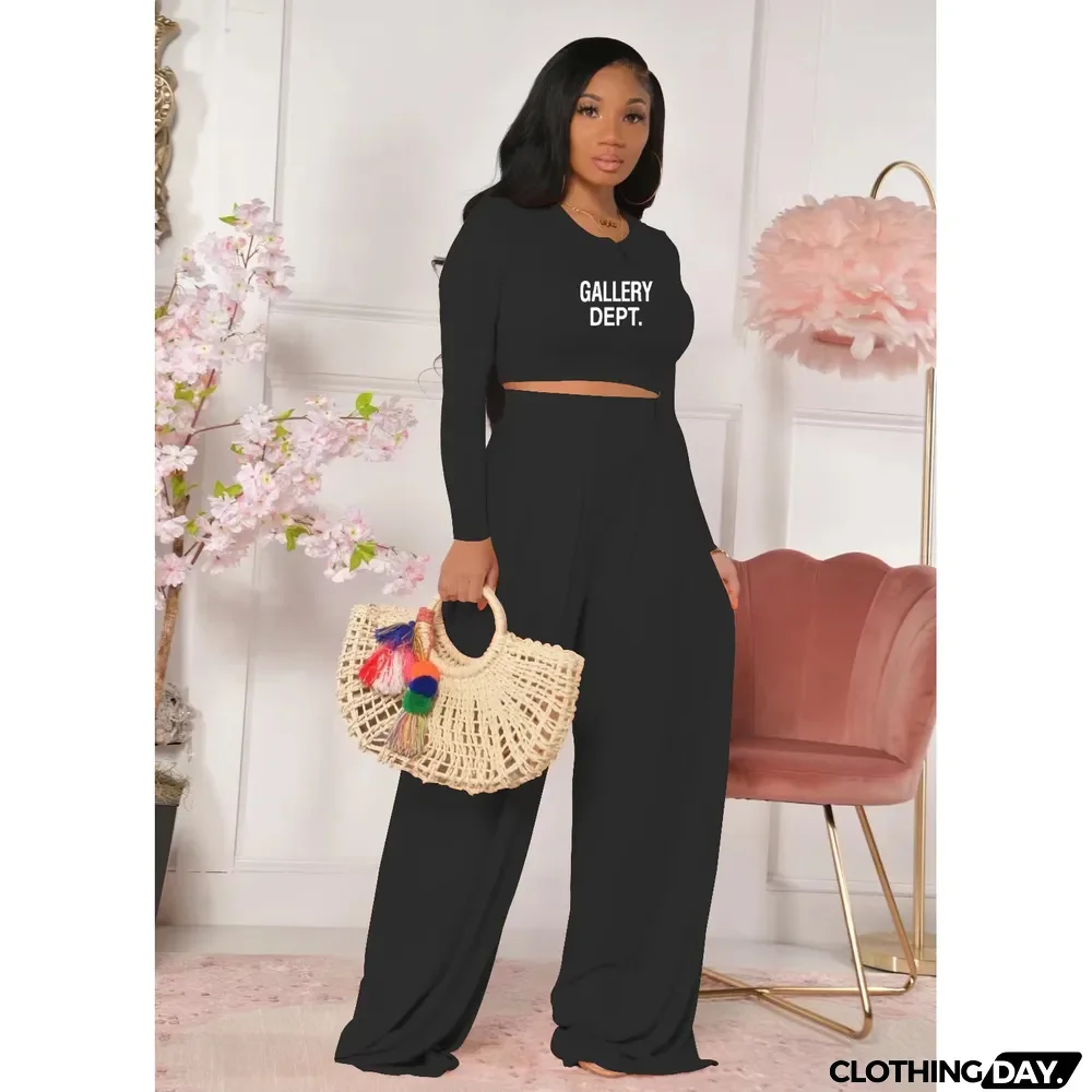 Plus Size Letter Print Long Sleeve Wide Leg Pants 2 Piece Set