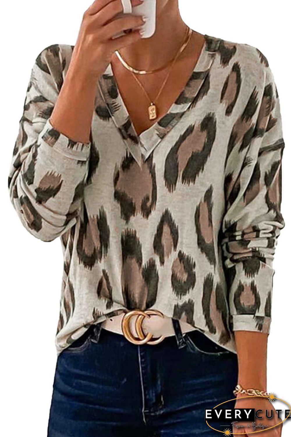 Leopard V Neck Long Sleeve Top