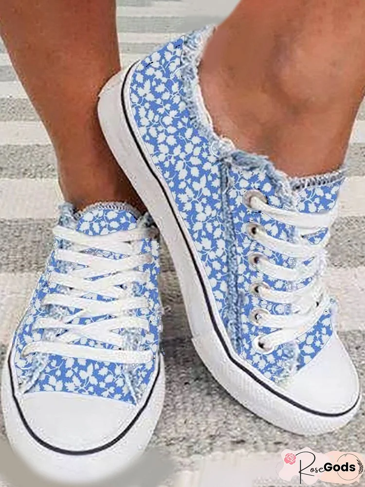 Blue Floral Breathable Lightweight Non-Slip Wear-Resistant Lace-Up Sneakers