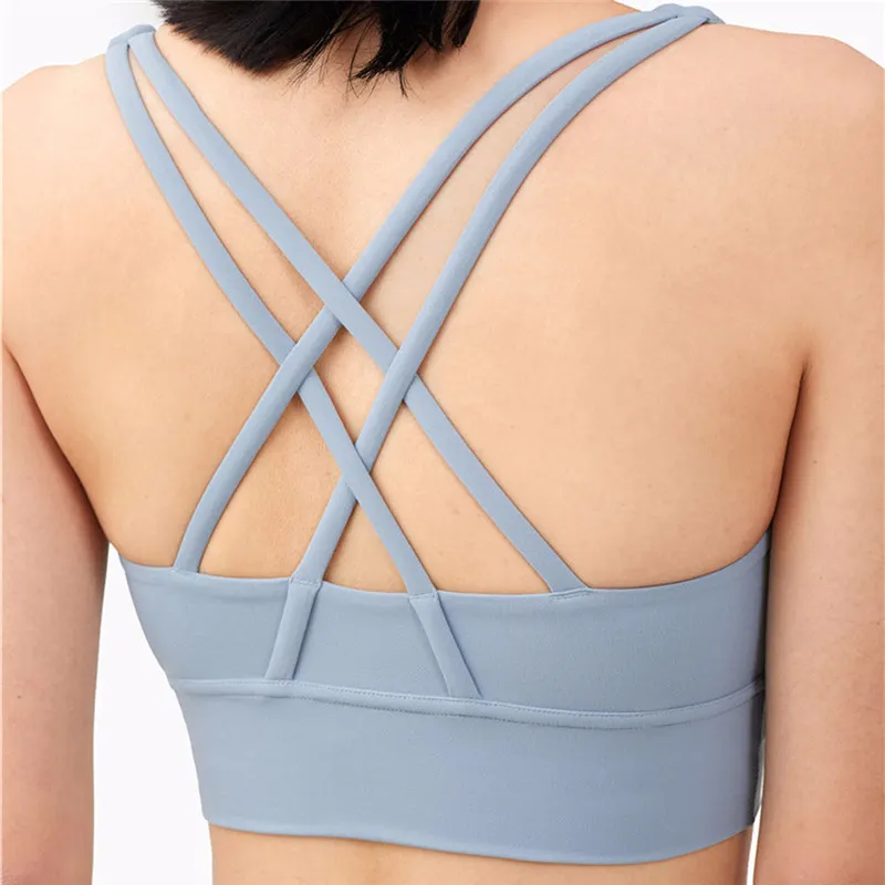 blue sports bra with built in padding