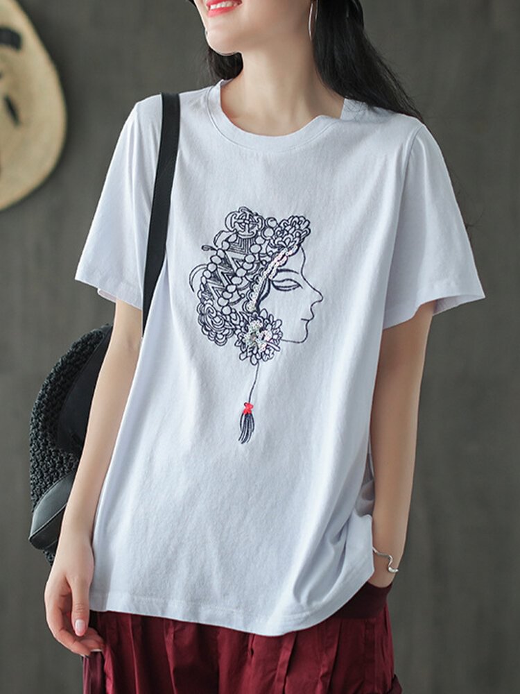 Vintage Embroidery Short Sleeve O neck Sequins T shirt For Women P1701793