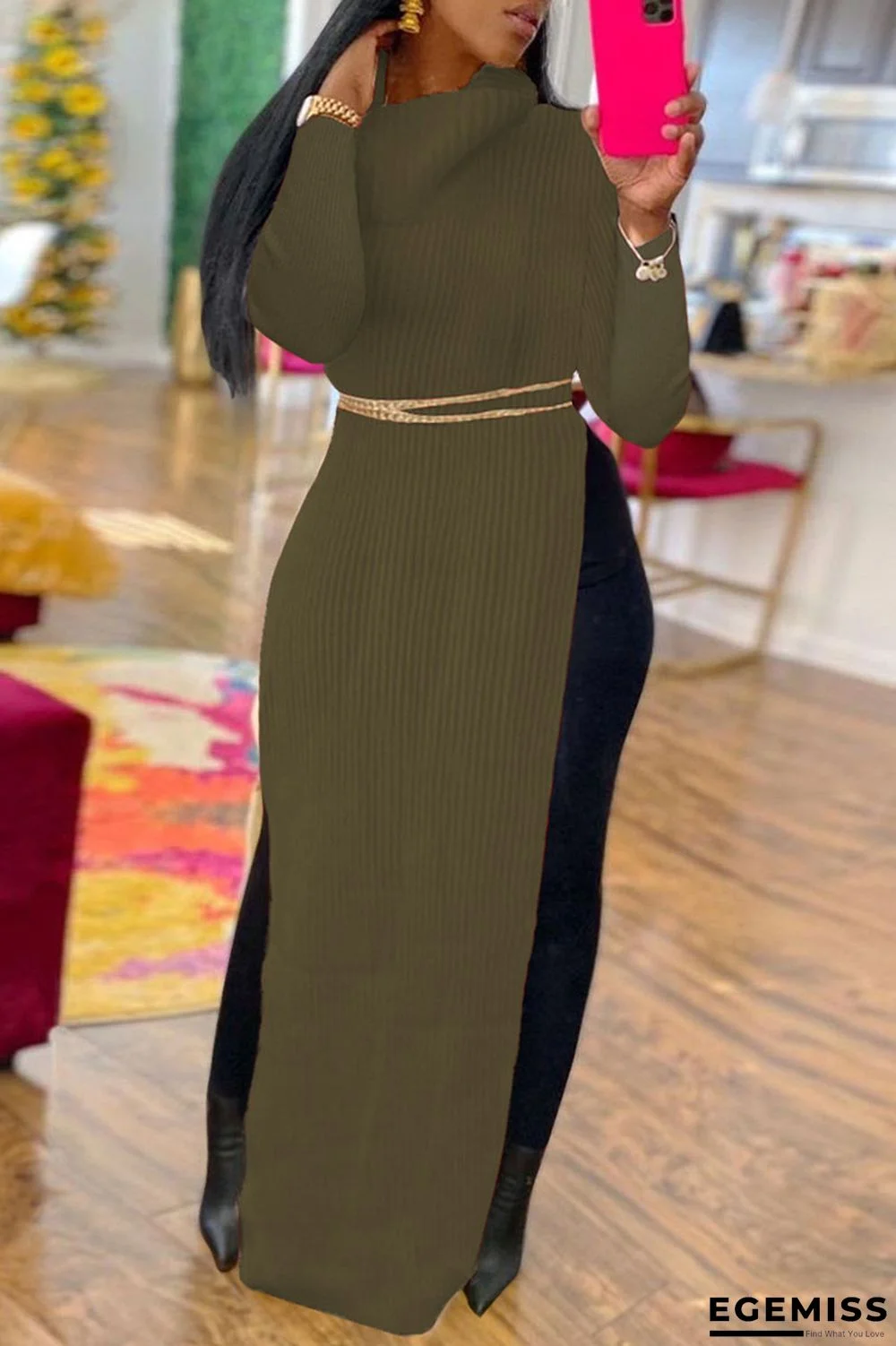 Army Green Solid Patchwork Slit Turtleneck Straight Dresses | EGEMISS