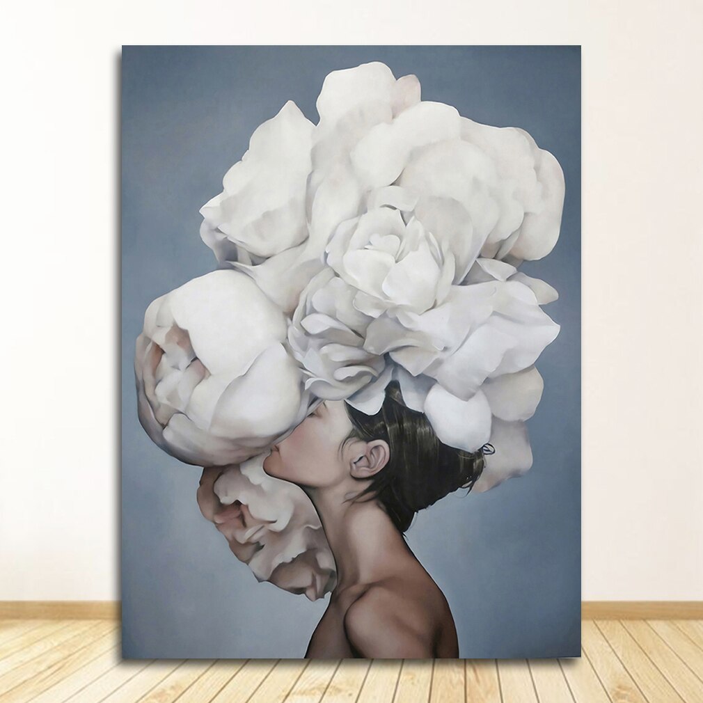 Decorative Painting Living Room Home Decoration Flowers Feathers Woman Abstract Canvas Painting Wall Art Print Poster Picture
