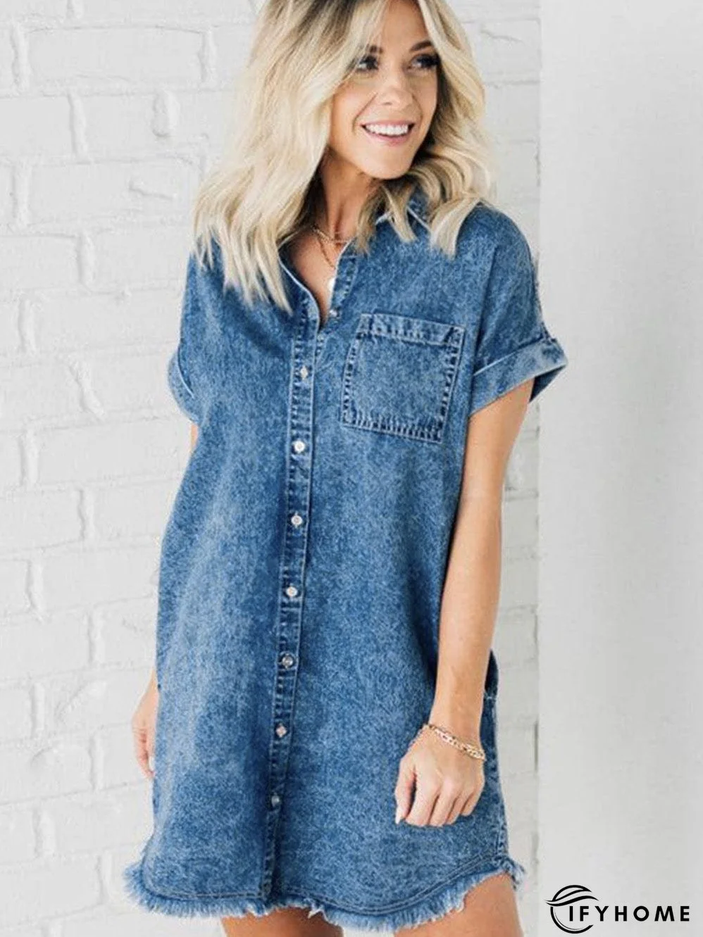 Blue Mineral Wash Denim Shirt Dress with Cuffed Sleeves | IFYHOME