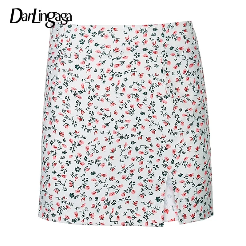 Darlingaga Floral Printed Bodycon Summer Skirt Sweet Fashion Side Split High Waist Skirt Women 2021 New Slim Mini Skirts Bottom