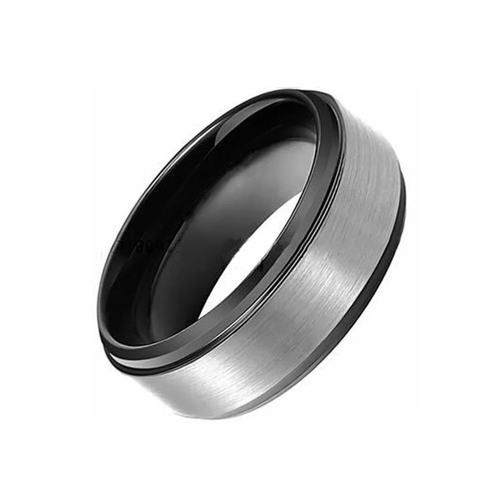 6MM 8MM Gray Matte Brushed Tungsten Carbide Black Step Edge Mens Wedding Bands