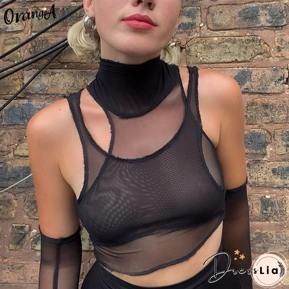 Women Fashion Sexy Mesh Two Piece Crop Tops With Sleeve Turtleneck Streetwear Party Clubwear Female See Though Slim Vest