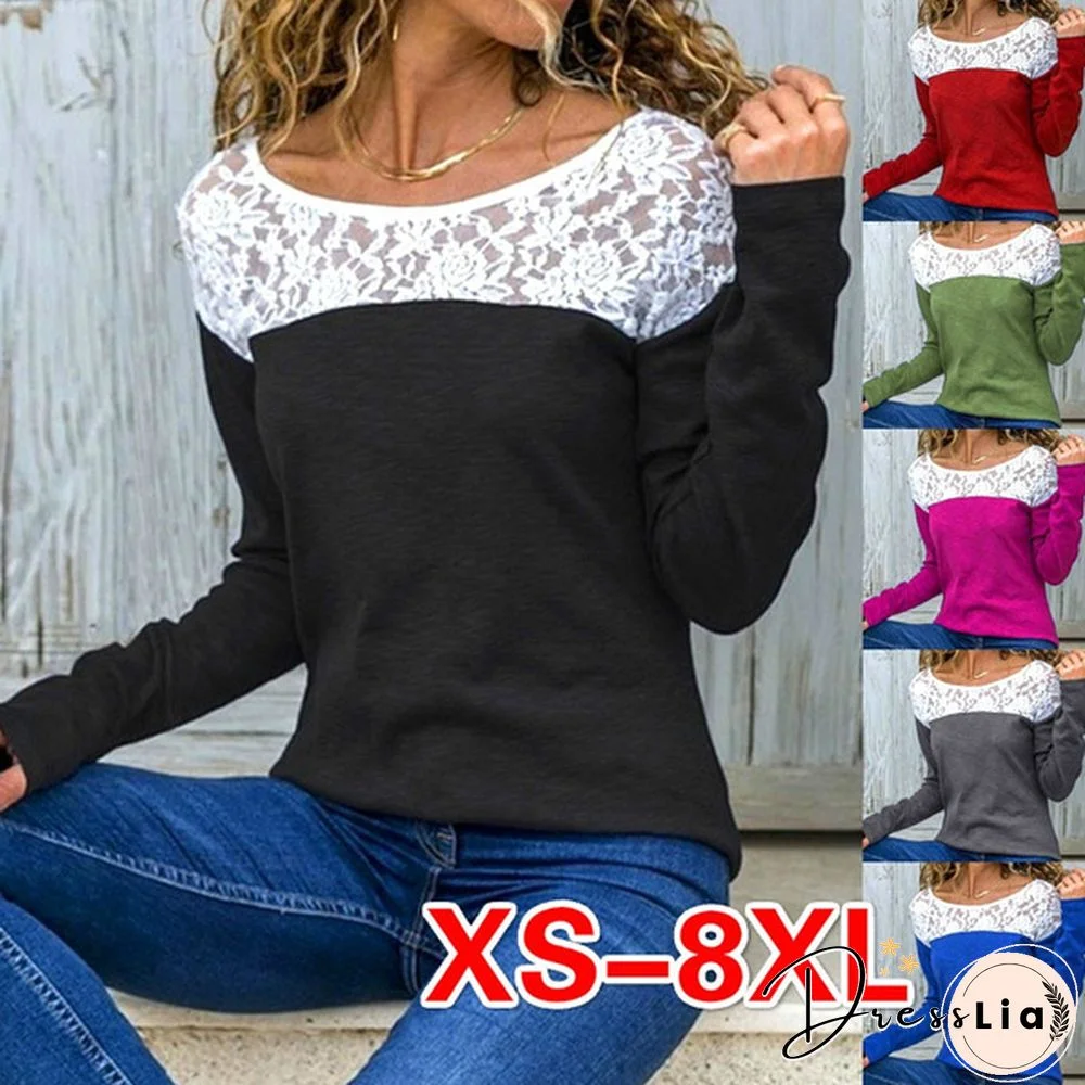 XS-8XL Autumn and Winter Tops Plus Size Fashion Clothes Women's Long Sleeve T-shirts O-neck Lace Blouses Ladies Solid Color Cotton Pullover Sweatshirts Loose T-shirts