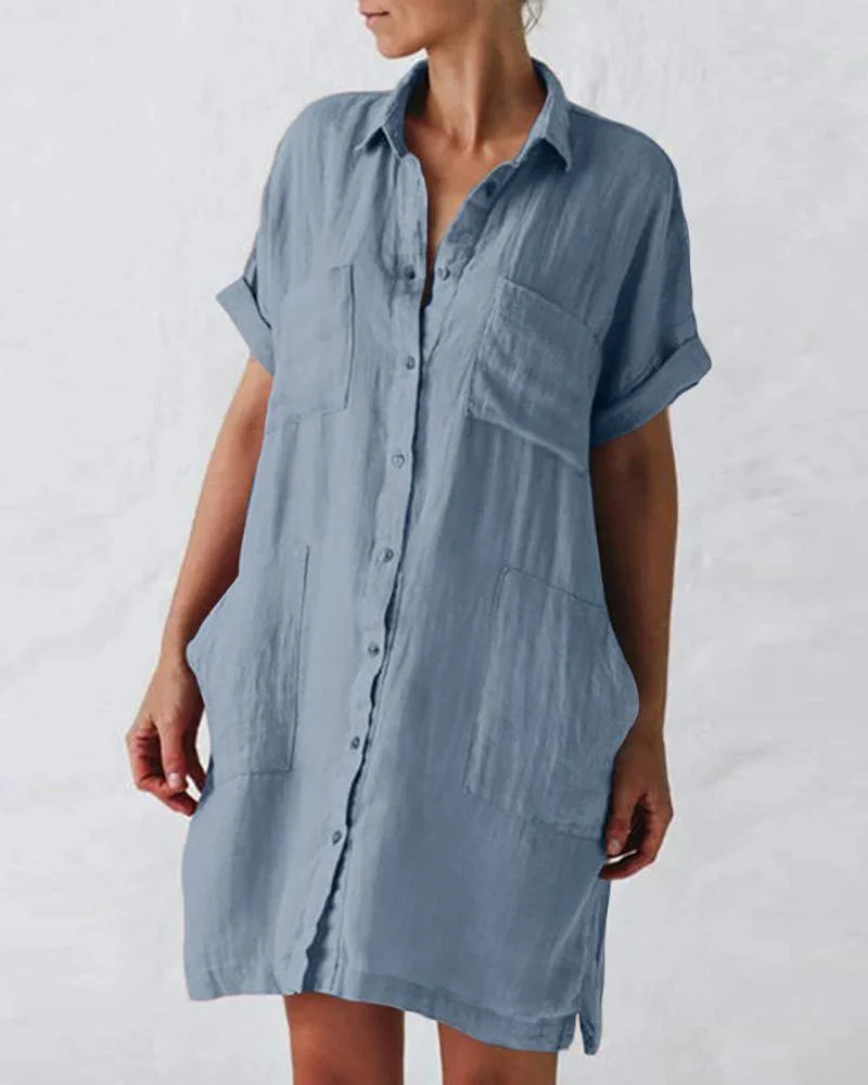 Solid Color Short Sleeve Pocket Dress