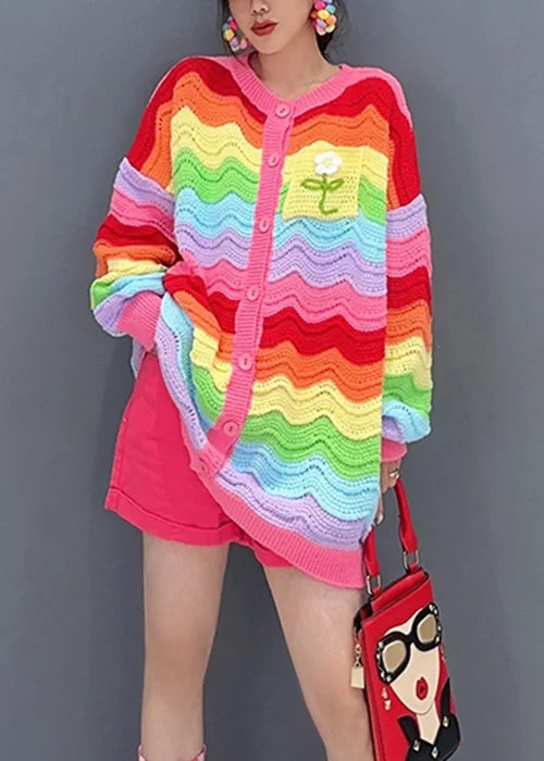 Chic Rainbow Button Hollow Out Patchwork Knit Top Fall