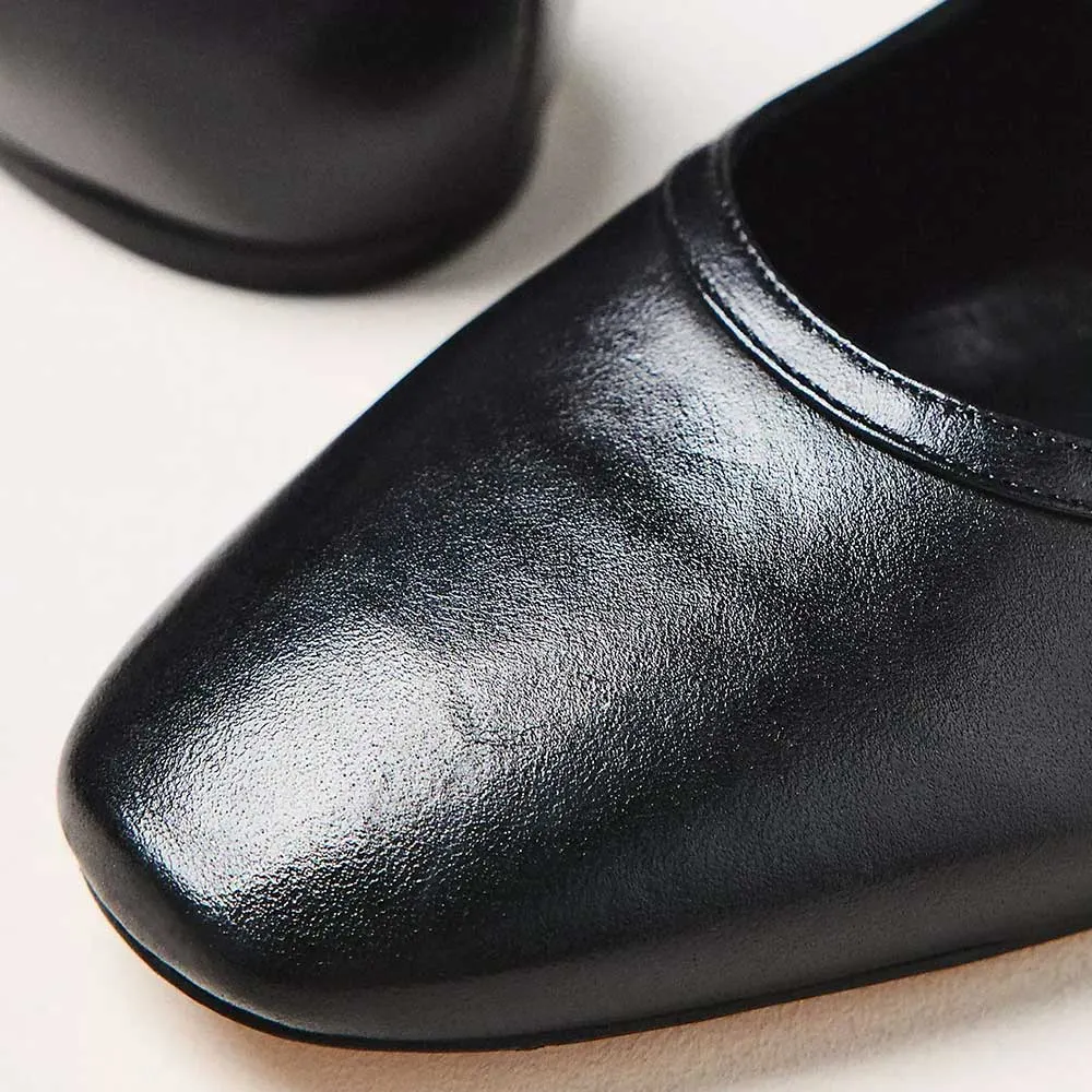 Women's Black Square Toe Bow Mary Jane Ballet Flats with a Strap