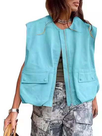 Nigikala Nigikala New Sleeveless Pocket Loose Vest Zipper Coat Woman