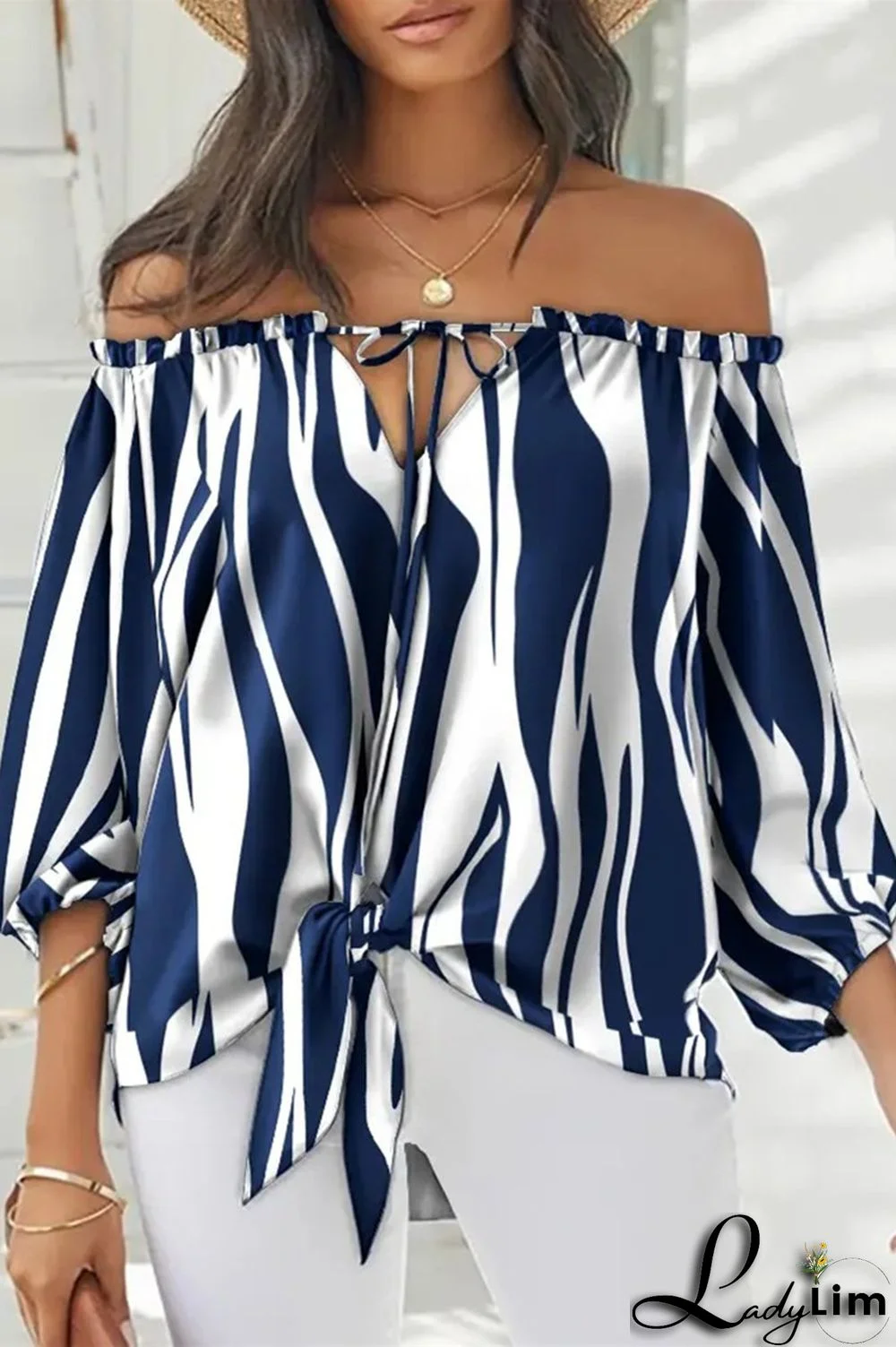 Tibetan Blue Fashion Casual Print Bandage Backless Off the Shoulder Tops