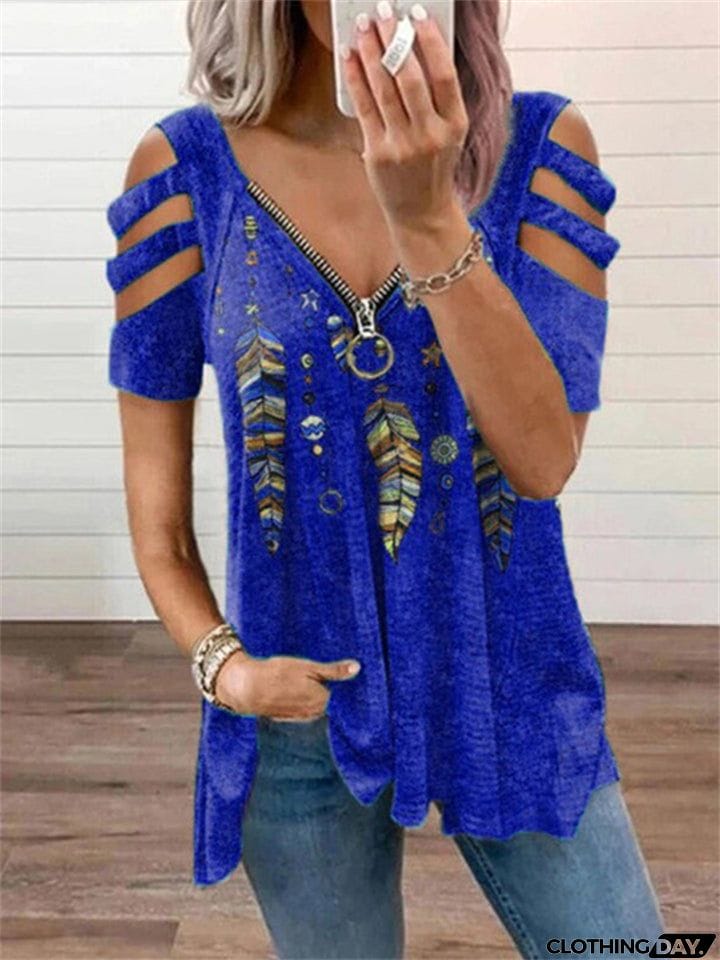 Special V-Neck Zipper Feather Print Short Sleeve T-Shirt