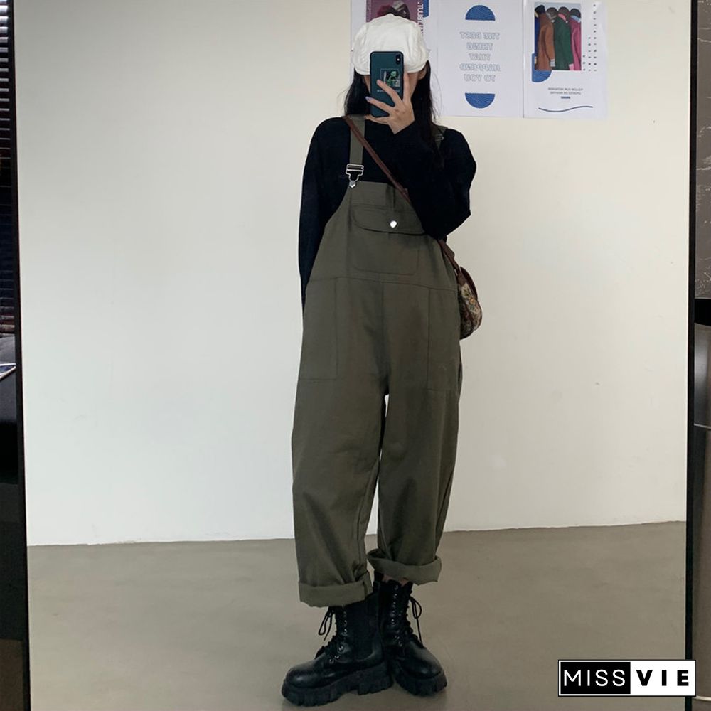 Cool Loose Pure Color Shirt Overalls Set