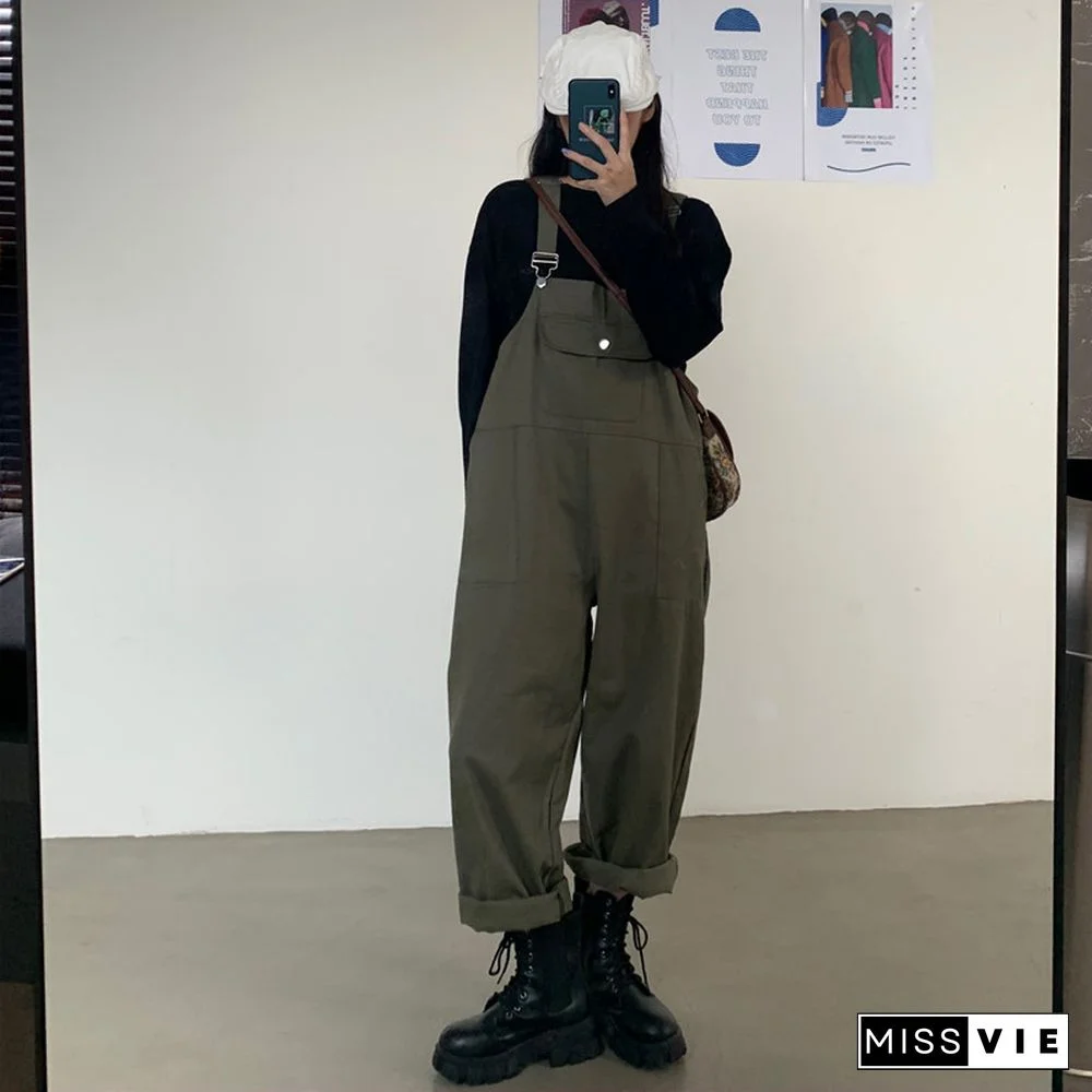 Cool Loose Pure Color Shirt Overalls Set